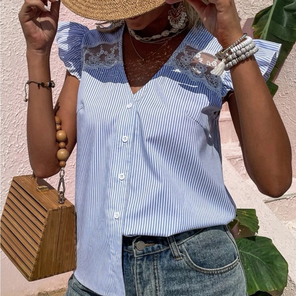 New striped button down contrast lace top